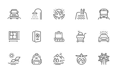 Fototapeta premium Collection of travel and hospitality icons representing transportation, accommodation, and leisure
