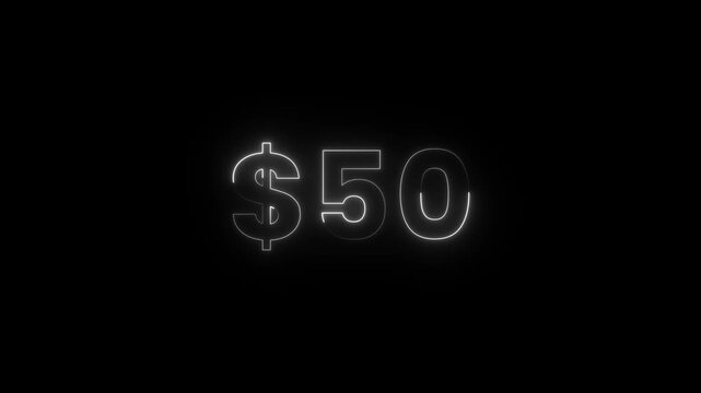 Animated Dollar Counter, 10 to 100 Dollars Neon Currency Counting Animation with White Glow