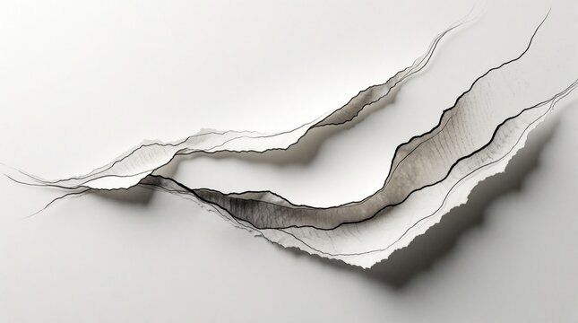 Abstract white paper background with torn edges. Ripped craft sheets show artistic black lines, soft grey shadows. Minimalist art concept uses layered organic shapes to create depth. Modern style