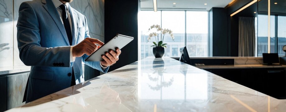 Hotel manager in suit holds tablet device at reception desk. Pro employee works in luxury lobby area. Business person handles guest check in process using digital tool. Modern office space interior
