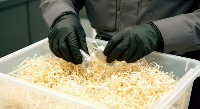 Customs inspector in black gloves finding hidden bundles in packing material. Security officer discovering contraband during airport baggage check