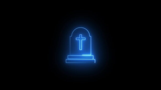 Neon Tombstone Icon Animation, Glowing Grave Headstone Symbol Loop, Halloween Motion Graphics