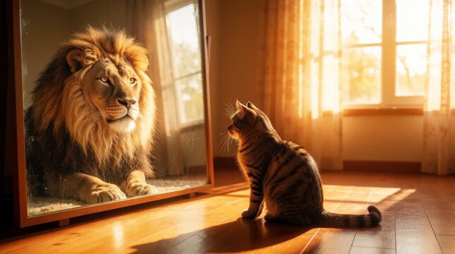 Small tabby cat sits in sunny room looking into large mirror. Reflection shows powerful golden lion with glowing mane. Domestic pet imagines wild predator inside glass. Concept of inner strength