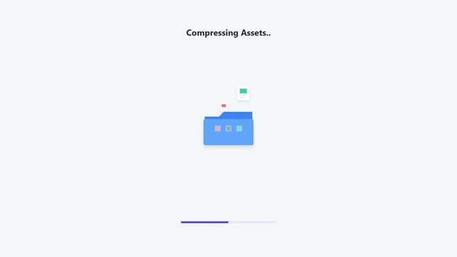 Compressing assets animation with folder icon and progress bar on white