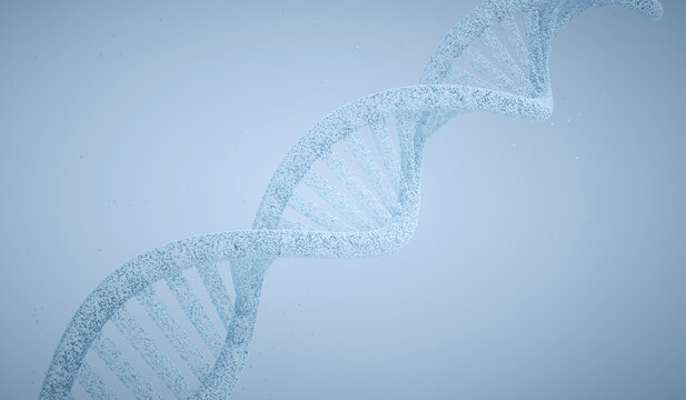Abstract DNA helix formed by particles on blue background
