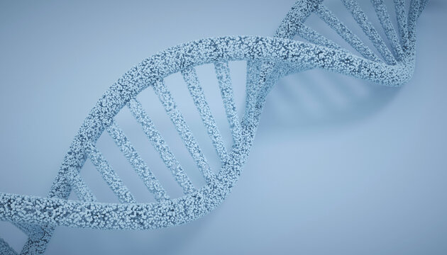 Abstract DNA helix made of particles on blue background