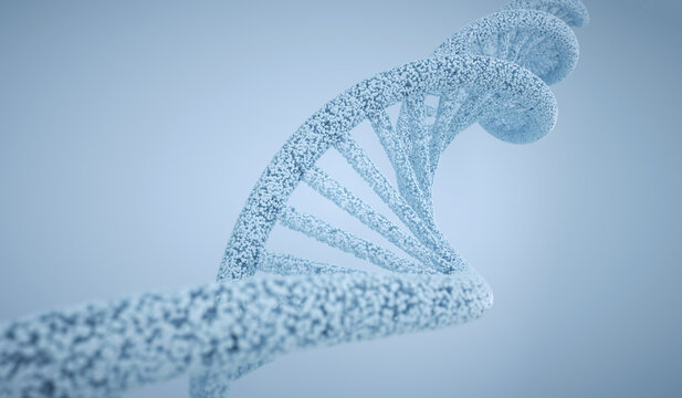 Abstract DNA helix made of particles on blue background