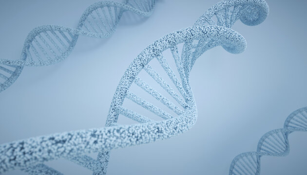 Abstract DNA helix made of particles in blue 3D space
