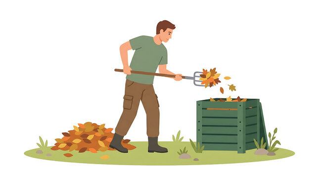 A man is actively composting autumn leaves into a green bin with a pitchfork, demonstrating sustainable gardening practices.