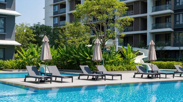 Modern apartment complex pool area with sun loungers, blue water. Contemporary residential building exterior during sunny day. Tropical garden with green plants surrounds outdoor swimming place with
