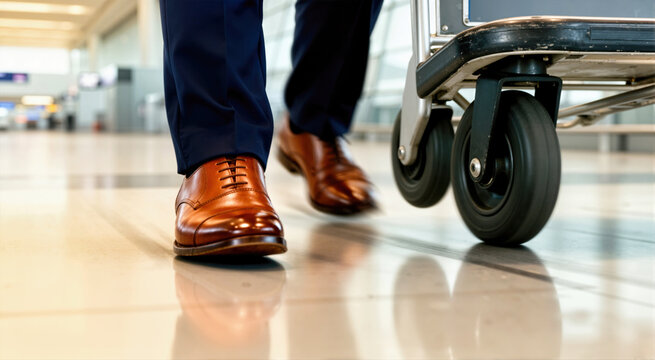 Low angle of a man walking in polished brown leather shoes with a rolling baggage cart. Traveler in navy trousers at airport terminal