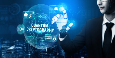 Obraz premium Futuristic Concept of Quantum Cryptography with Cyber Security Elements and Digital Interface Over Cityscape Background for Stock Photography Fluxor.