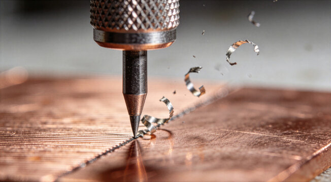Macro view of precision CNC tool engraving copper