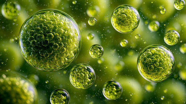 Abstract microscopic green algae cells floating in fluid. This represents biotechnology research and sustainable biofuel energy production.