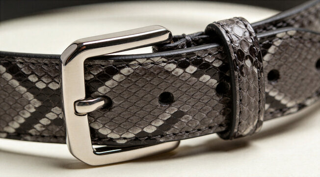 Stylish grey snakeskin leather belt with silver buckle