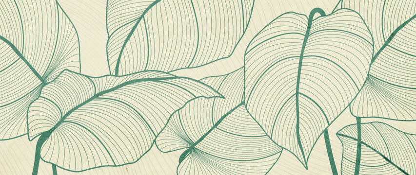 Luxury vintage art background with green exotic leaves in a line art style. Botanical banner for wallpaper, prints, textiles, packaging, posters, and interior design.