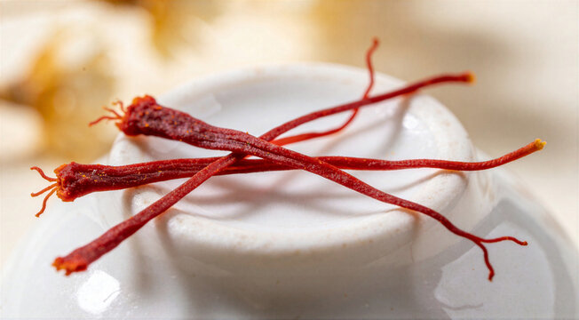 Saffron threads close up on white ceramic bowl