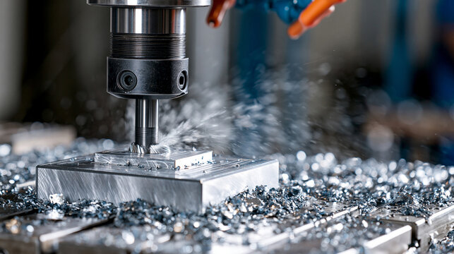 A CNC milling machine removes metal from a block in a factory setting. This process highlights precision engineering and modern industrial manufacturing.
