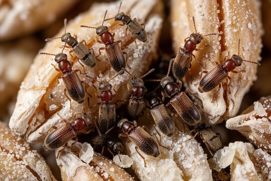 Tiny brown beetles infest cracked grain kernels. Small grain borers swarm over broken wheat or barley. These pests damage stored cereal crops worldwide, affecting food supply.