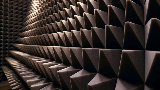 Acoustic foam wall with triangular pyramids for sound absorption. Ideal for professional recording studios and soundproofing applications.