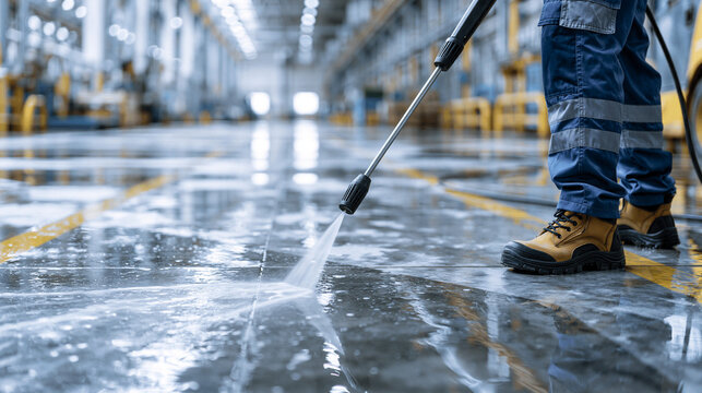 An industrial worker pressure washes a wet factory floor with a high-pressure spray nozzle. This professional cleaning demonstrates industrial maintenance and factory safety.