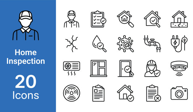Home inspection icon set featuring line symbols for property evaluation, structural assessment, and safety checks used in real estate reports and construction management for professional