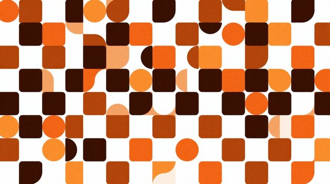 Abstract seamless pattern with rounded squares and circles in orange brown tones. Geometric shapes create a retro mosaic for wallpapers or textiles. Modern graphic design for backgrounds.