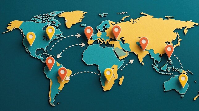 World map with colorful paper cutouts marking travel destinations. Dotted lines and arrows show global journeys and routes between continents. Planning a trip.