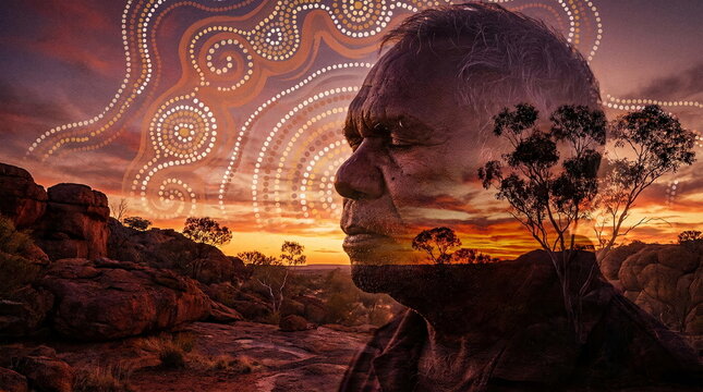 Aboriginal elder profile with outback sunset and dreamtime art.