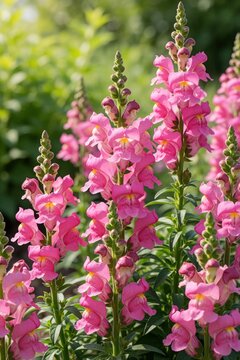 Beautiful pink snapdragons bloom in garden on summer day. Tall green stems with bright magenta flowers grow under sunlight. Antirrhinum plants decorate backyard landscape with natural floral colors.