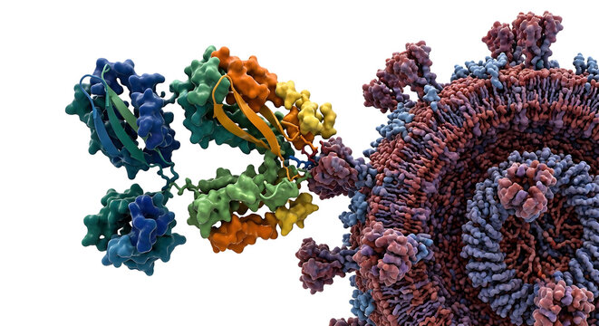High-Detail Molecular 3D Render of an Antibody Fab Fragment Neutralizing a Viral Target
