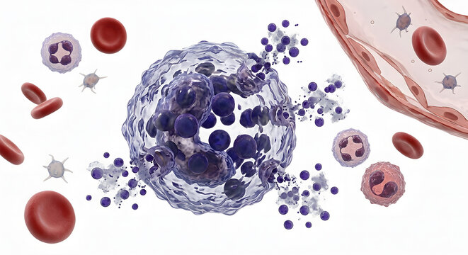 3D Render of a Basophil White Blood Cell Releasing Histamine Granules in the Bloodstream During an Allergic Reaction