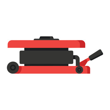 Red hydraulic floor jack isolated for automotive maintenance and professional vehicle repair shop equipment utility with vehicles during automotive