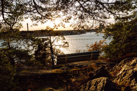 Sunset bench view over Lilla Vartan in Lidingo, Sweden