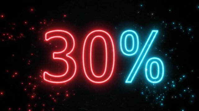 Neon digital display showing a bold thirty percent discount with colorful particle effects in the background.