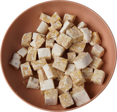 raw diced tempeh pieces on brown plate. cut tempe blocks. resh soybean tempeh cubes