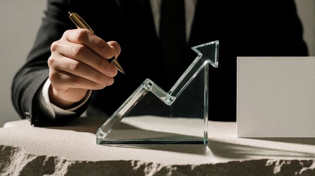 Man in suit holds pen near glass chart showing financial growth. Businessperson analyzes investment trends, planning future strategy for profit. Decision making for wealth building.