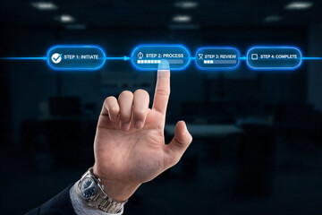 Obraz premium Hand Interacting With Multi Step Business Process Interface