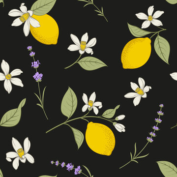 Seamless citrus pattern with lemons and lavender. Black elegant