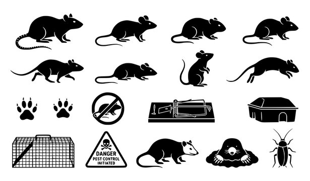 Rat mouse rodent pest control wildlife and animal paw print silhouette CAD vector collection