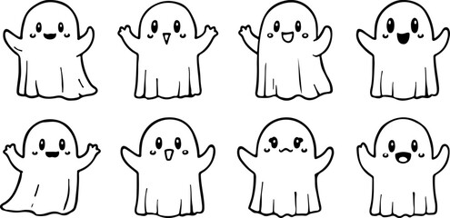 Fototapeta premium Cute Halloween ghost vector collection, set of 8 hand drawn cartoon ghosts with different facial expressions, spooky doodle characters for seasonal decor
