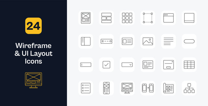 Wireframe and UI layout line icon set with page mockup placeholder grid column blocks card list hero banner sidebar navigation form field dropdown modal table blueprint and sitemap symbols