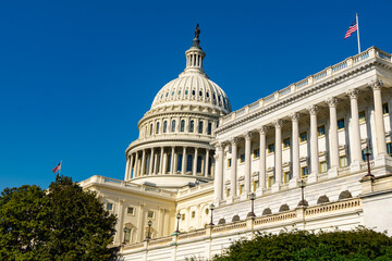 Obraz na płótnie Canvas Capitol building in Washington DC. Historic Capitol shows federal government. Capitol dome defines American architecture. USA flag rises above Capitol.