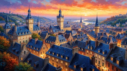 Fototapeta premium Oil painting shows old European town with tall clock towers and tiled roofs. Buildings glow with warm light at dusk. Hills surround the city and a river flows through.
