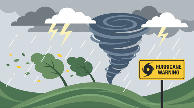 Illustration of a powerful hurricane with a warning sign on a stormy landscape