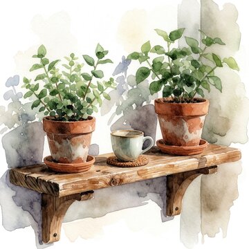 Watercolor illustration shows two potted green plants and a teacup on a wooden shelf. Rustic interior decor with terracotta pots and natural elements for a cozy home.