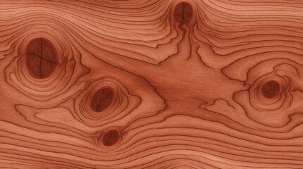 Fototapeta premium Close up view of rich red cedar wood texture. Natural wavy grain patterns and knots create a rustic, organic background. Offers a warm, earthy surface for design projects.