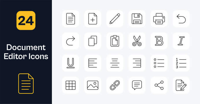Document editor line icon set with text file new page pencil save print undo redo copy paste scissors bold italic underline alignment bullet and numbered lists table image link and comment symbols