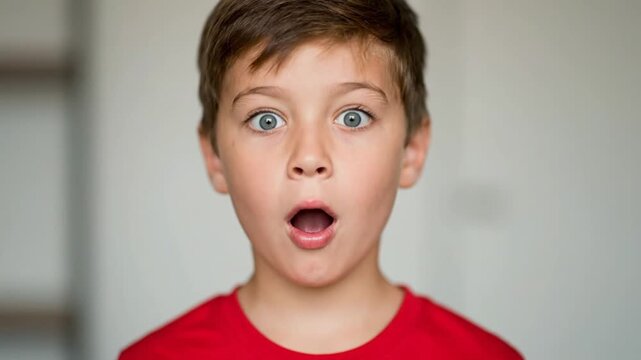 Young boy with wide eyes and surprised expression wearing a red shirt against a plain background.