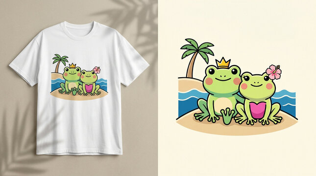 Cute Frog Couple on Beach Vacation Summer T-shirt Design.